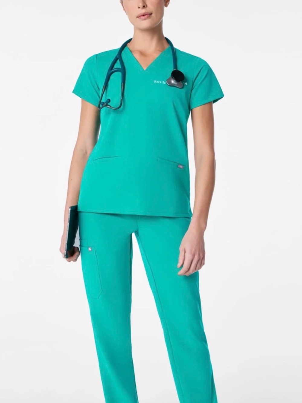 Figs Women's V-Neck Scrub Top — Black & Teal lagoon XS XXS - Picture 5 of 13